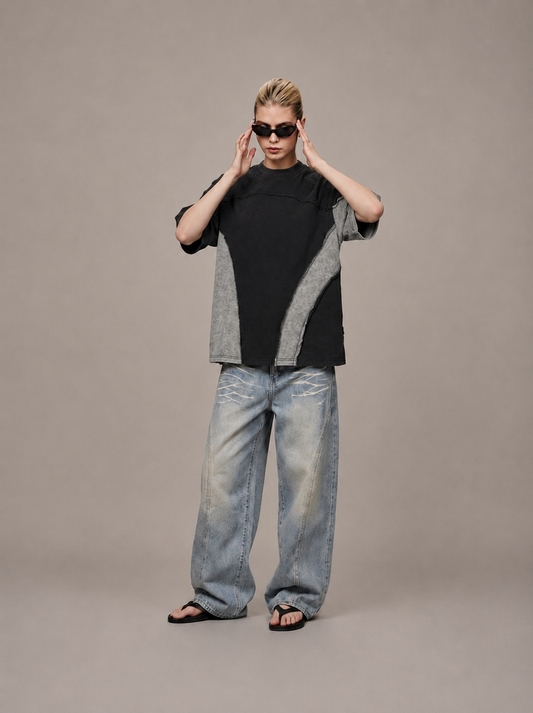 Acid Wash Panelled Oversized T-Shirt