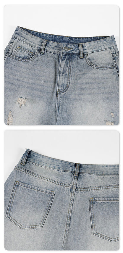 Ice Blue Ripped Wide-Leg Jeans