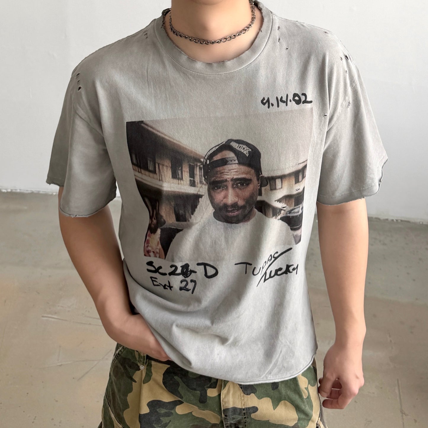 Tupac Vintage Photo Graphic Washed Grey T-Shirt
