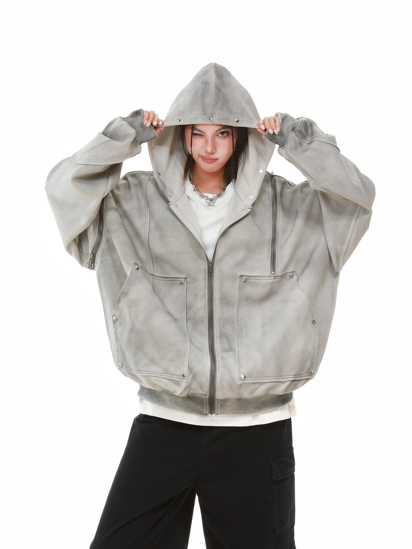 Vintage Wash Studded Zip-Up Hoodie