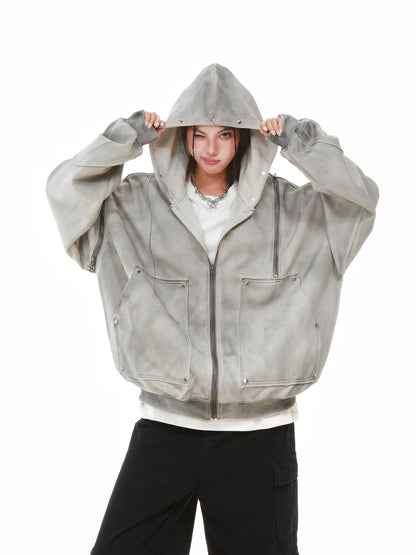 Vintage Wash Studded Zip-Up Hoodie