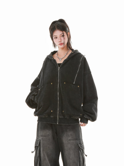 Vintage Wash Studded Zip-Up Hoodie