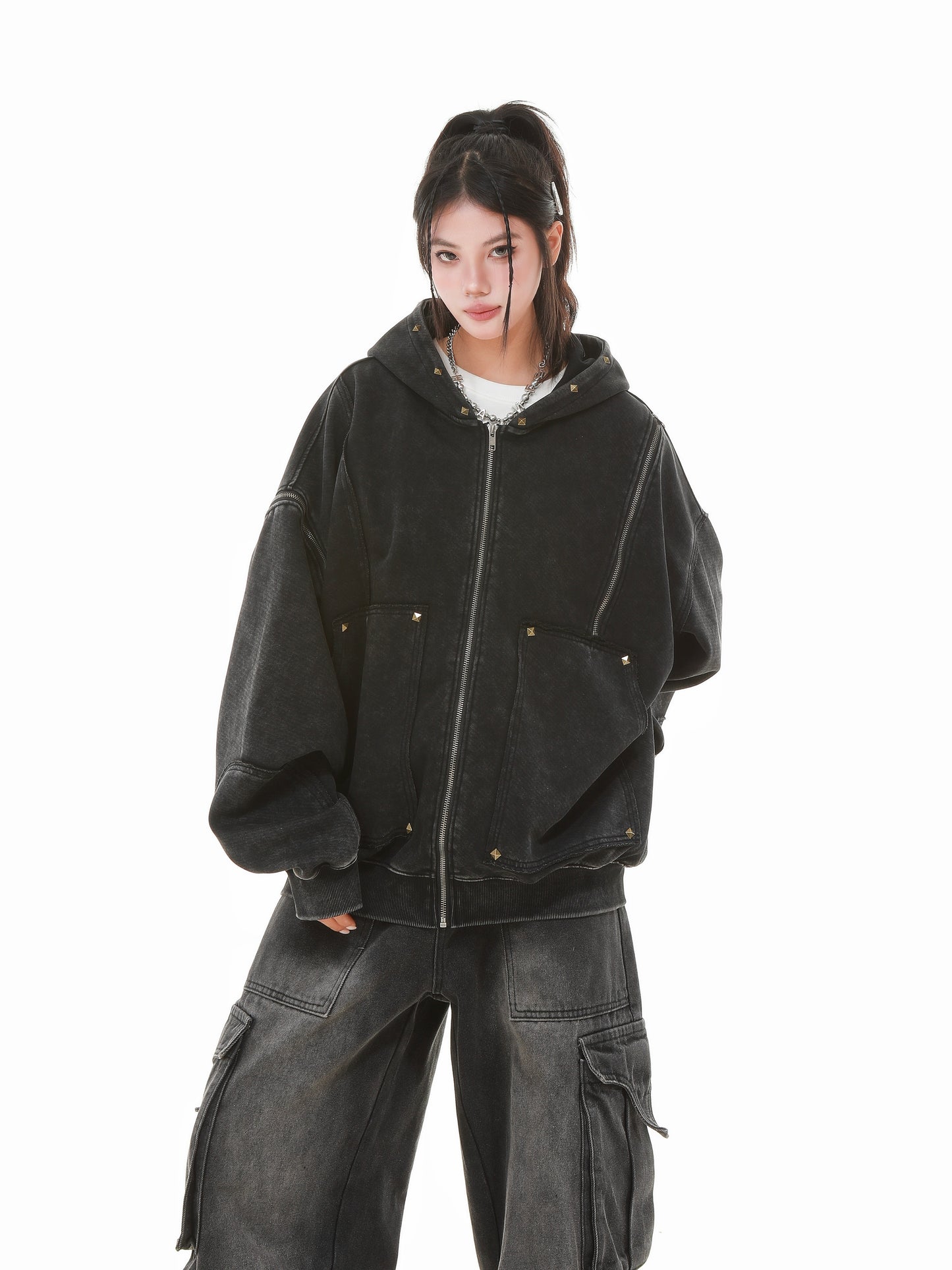 Vintage Wash Studded Zip-Up Hoodie