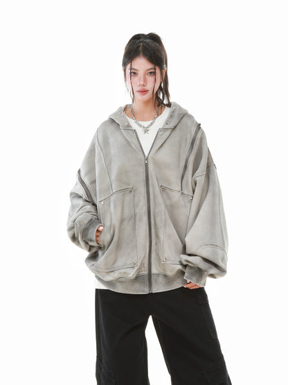 Vintage Wash Studded Zip-Up Hoodie