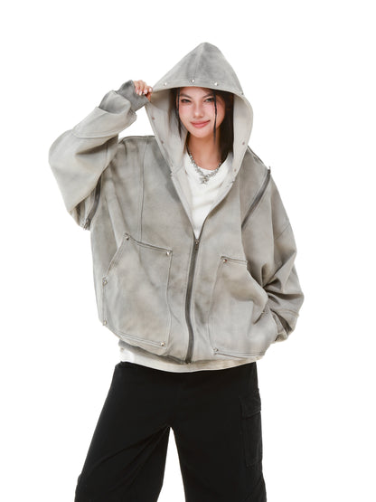 Vintage Wash Studded Zip-Up Hoodie