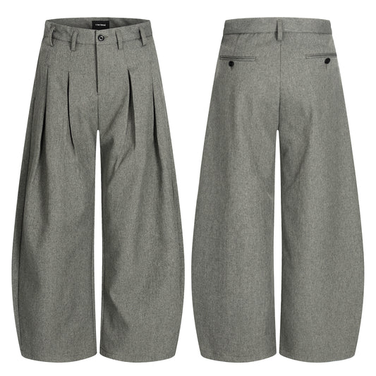 Grey Pleated Wide-Leg Trousers