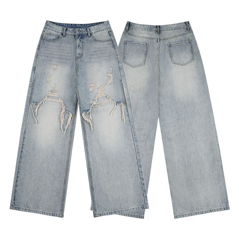 Ice Blue Ripped Wide-Leg Jeans