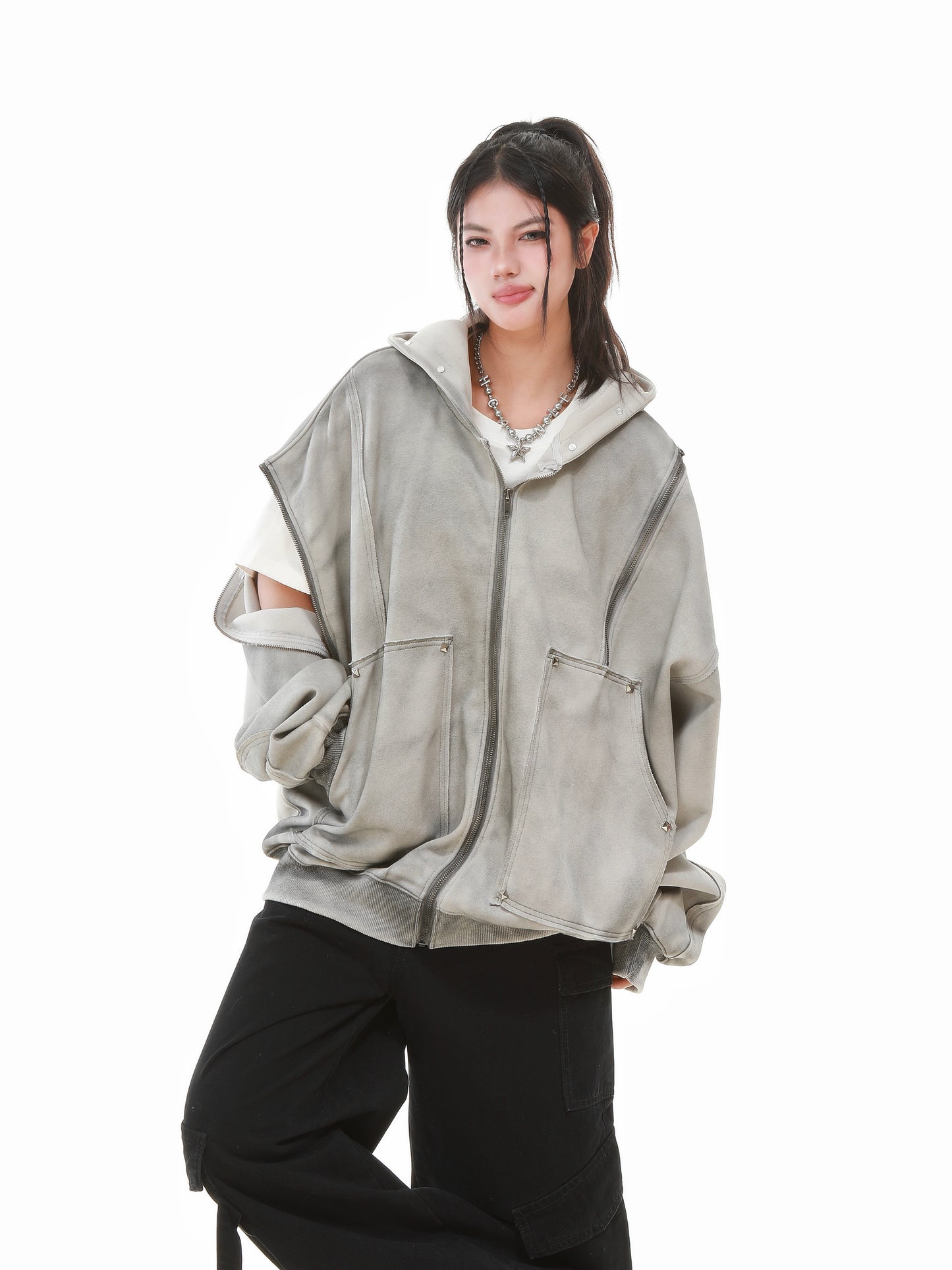 Vintage Wash Studded Zip-Up Hoodie