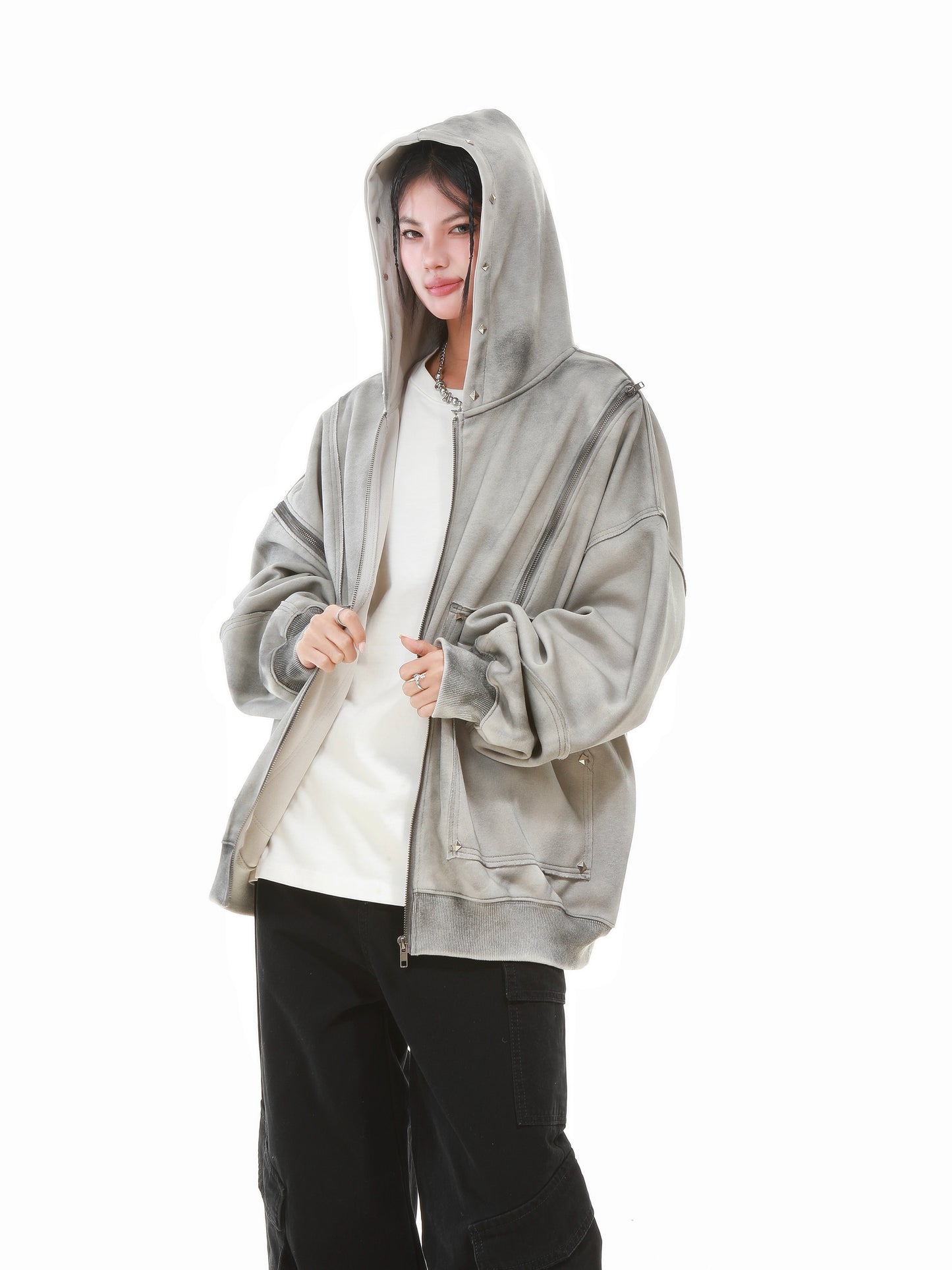 Vintage Wash Studded Zip-Up Hoodie