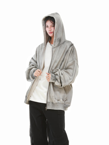 Vintage Wash Studded Zip-Up Hoodie
