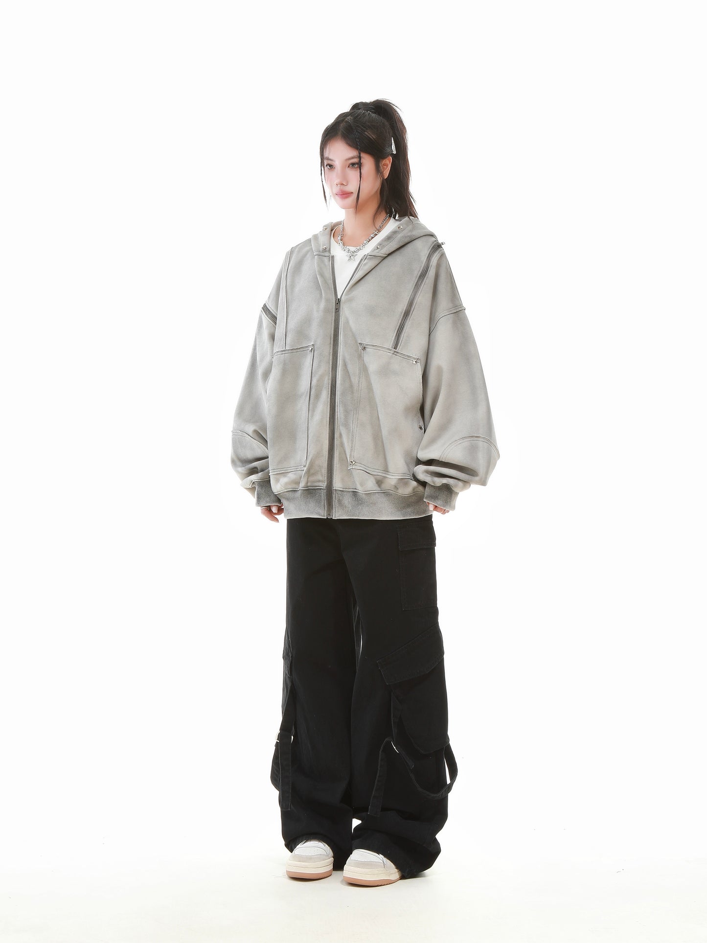 Vintage Wash Studded Zip-Up Hoodie