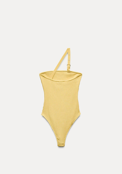 RIBBED BODYSUIT WITH BUCKLED STRAP