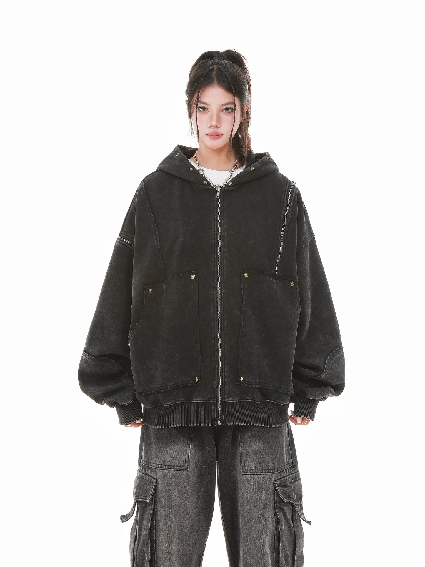 Vintage Wash Studded Zip-Up Hoodie