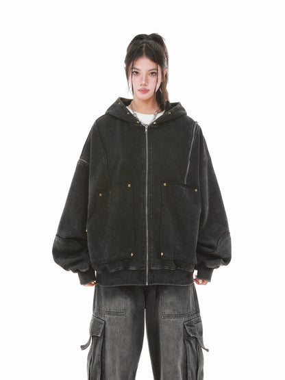 Vintage Wash Studded Zip-Up Hoodie