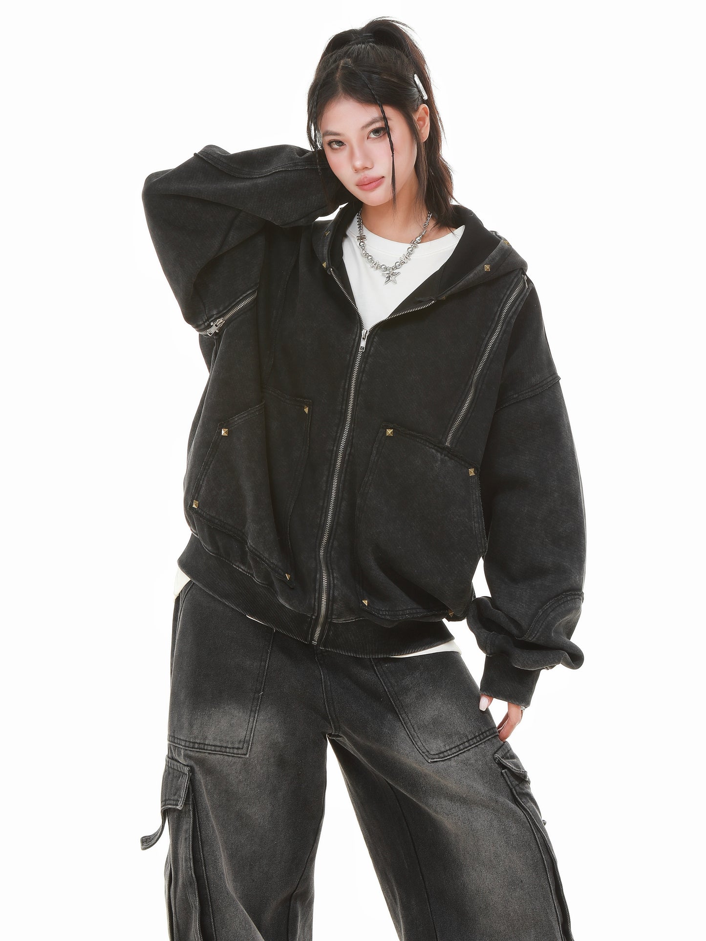 Vintage Wash Studded Zip-Up Hoodie