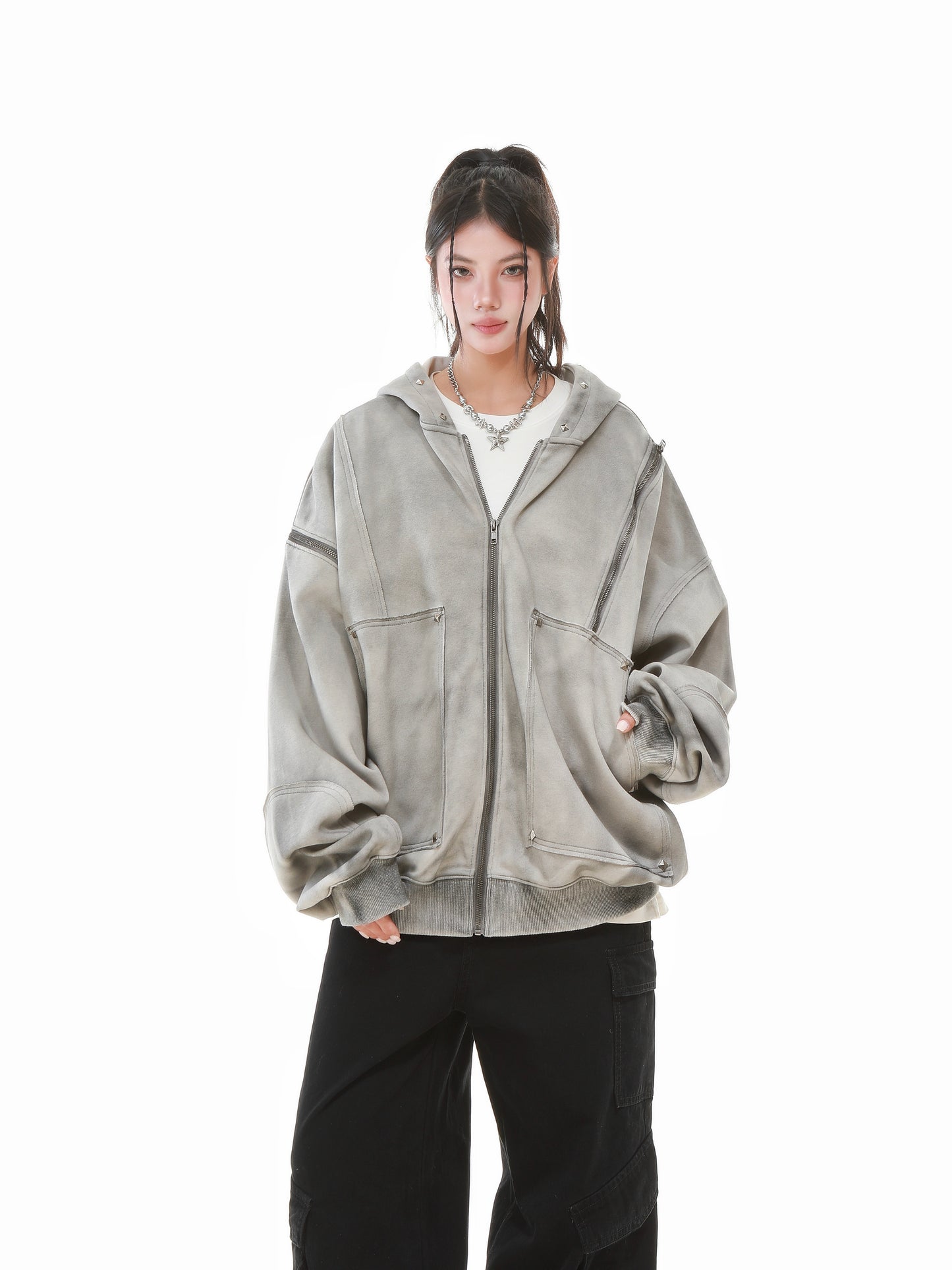 Vintage Wash Studded Zip-Up Hoodie