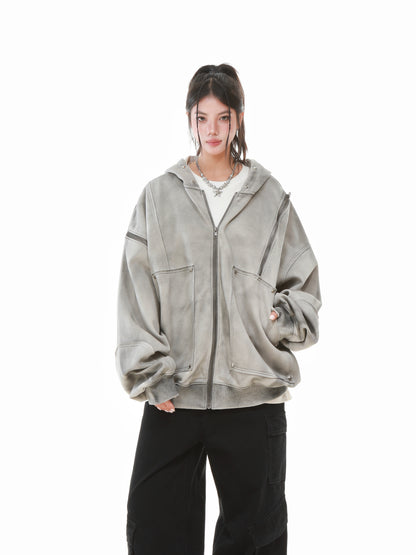Vintage Wash Studded Zip-Up Hoodie