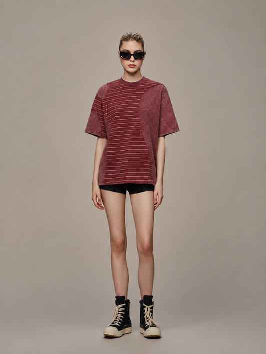 Acid Wash Striped Panel Oversized T-Shirt