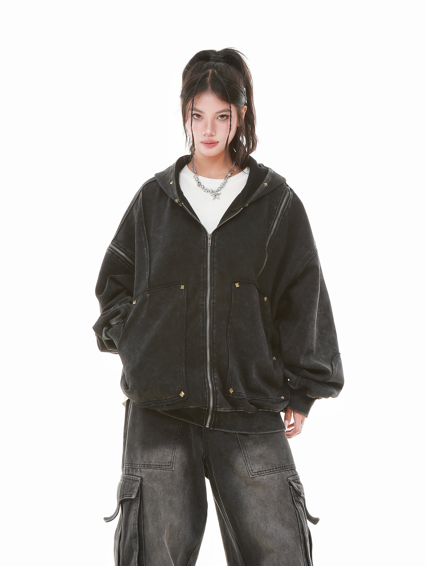 Vintage Wash Studded Zip-Up Hoodie