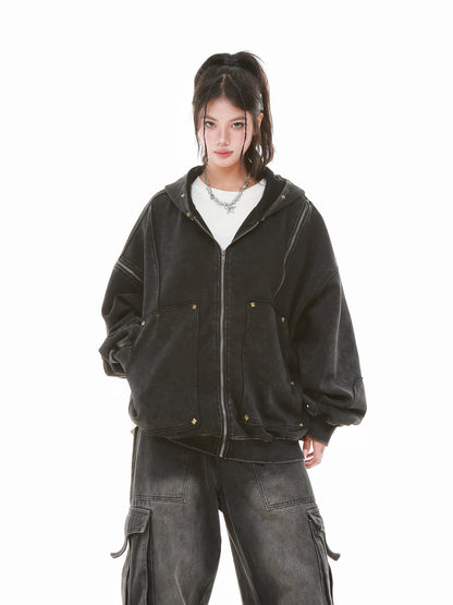 Vintage Wash Studded Zip-Up Hoodie