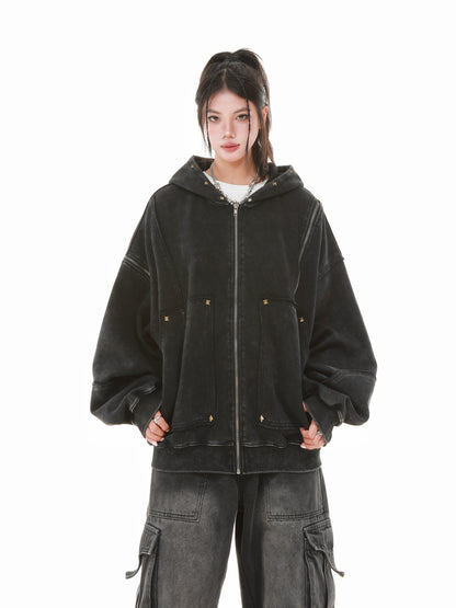 Vintage Wash Studded Zip-Up Hoodie