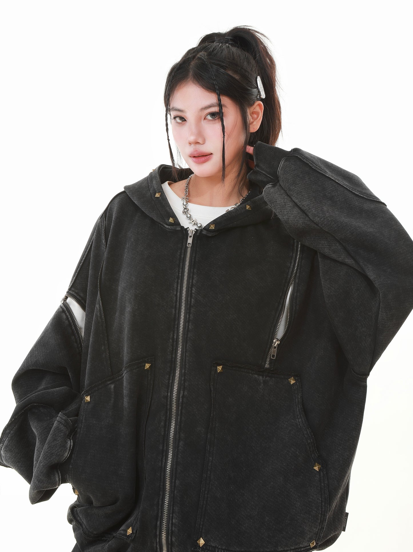Vintage Wash Studded Zip-Up Hoodie