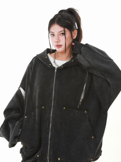 Vintage Wash Studded Zip-Up Hoodie